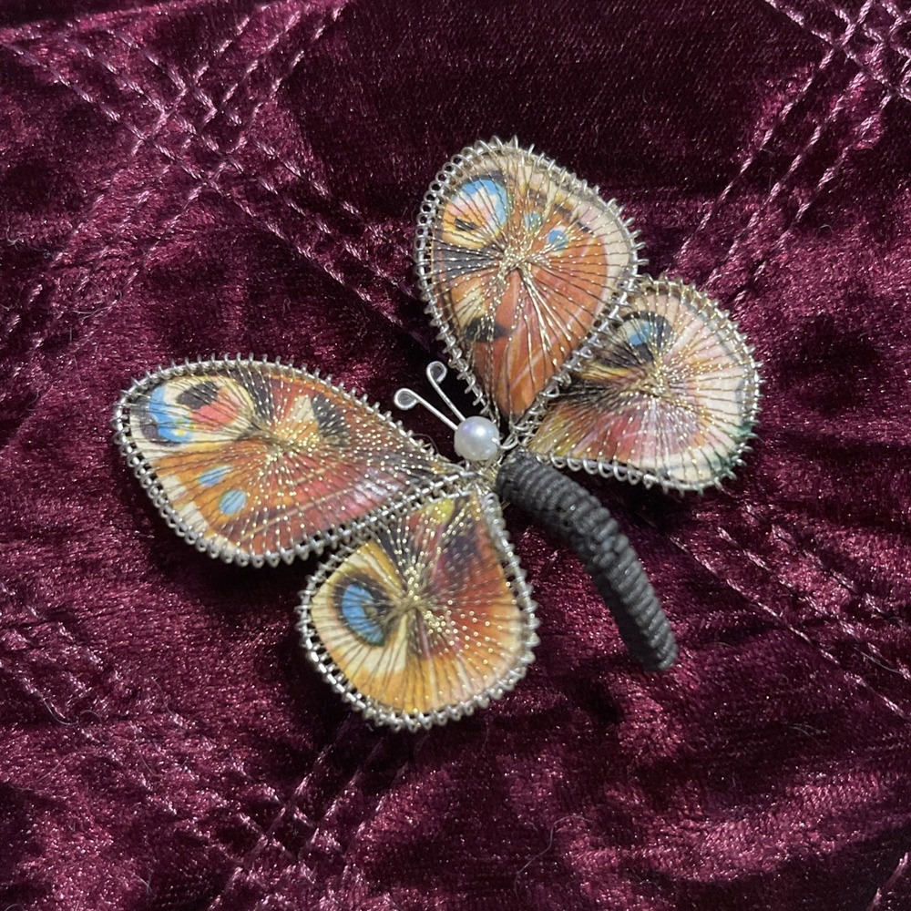 Butterfly Brooch Pin Metallic Thread Beautiful Design Vintage Brown, Blue, Tan